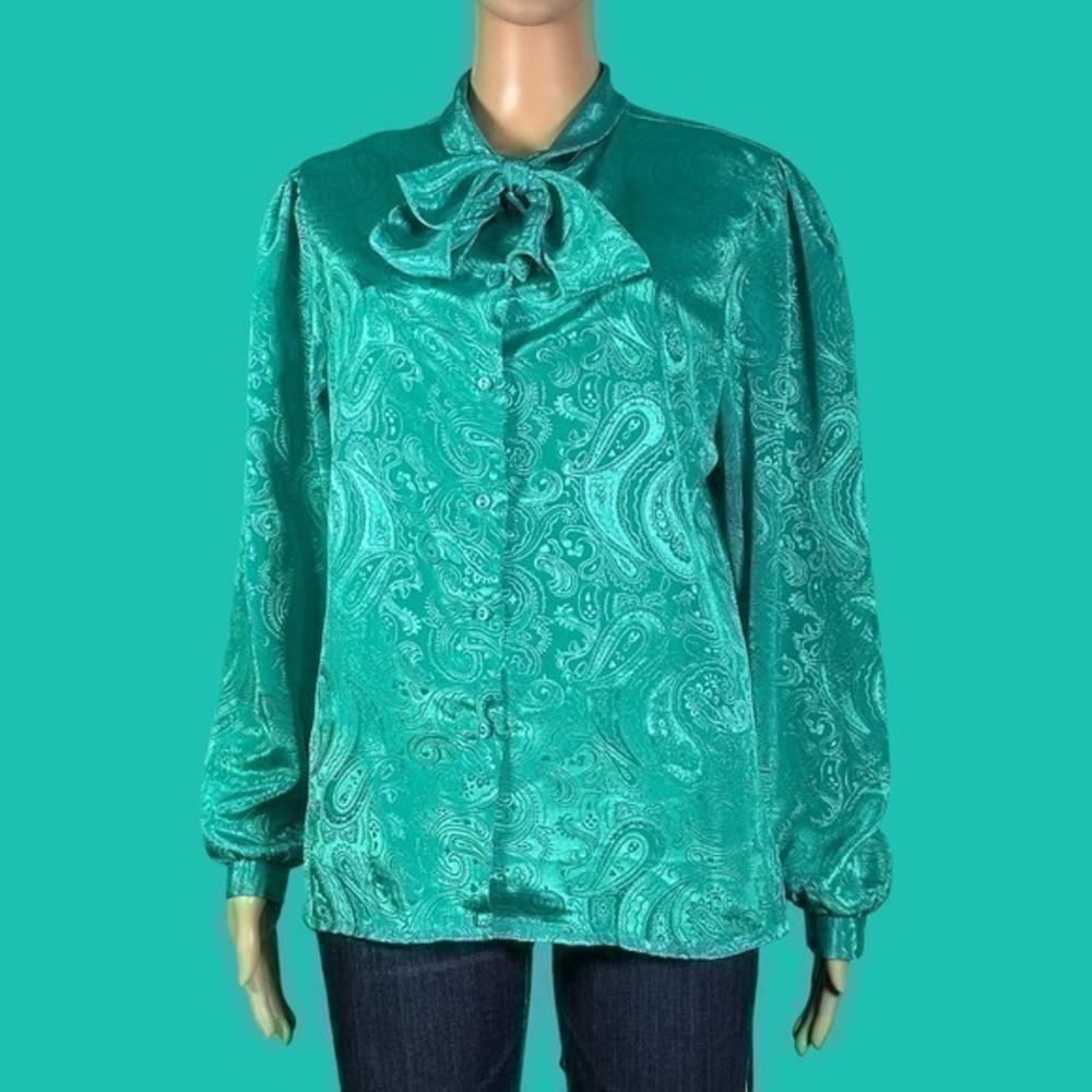 Vintage donnkenny Green Paisley Tie Detail Button Front Top Sz 16 - "Alaya"